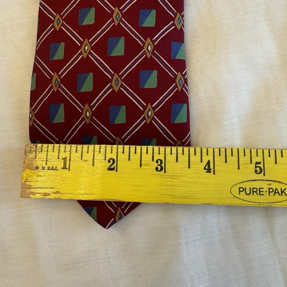 Lands End Silk Necktie Red Green Blue Geometric Diamond Print Tie Long 62" USA - Picture 8 of 9